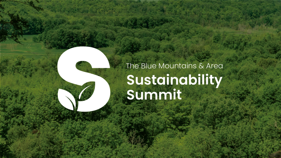 The Blue Mountains & Area Sustainability Summit logo overlaid on background of green trees