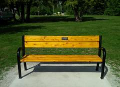 A wooden memorial bench with black coating at a park